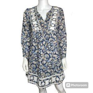 Lucky Brand Floral Embroidered Cottagecore Mini Dress Navy Beige White Size M